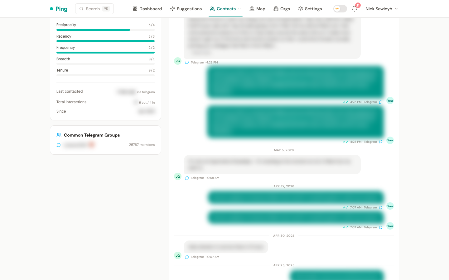 Common Telegram groups sidebar on the contact detail page