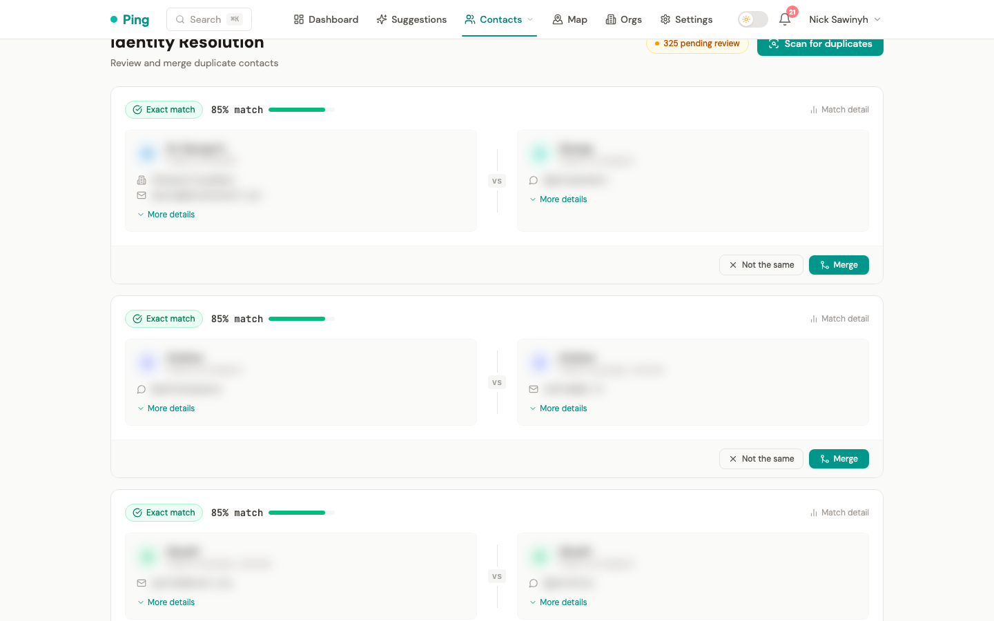 Side-by-side comparison card with merge and reject actions
