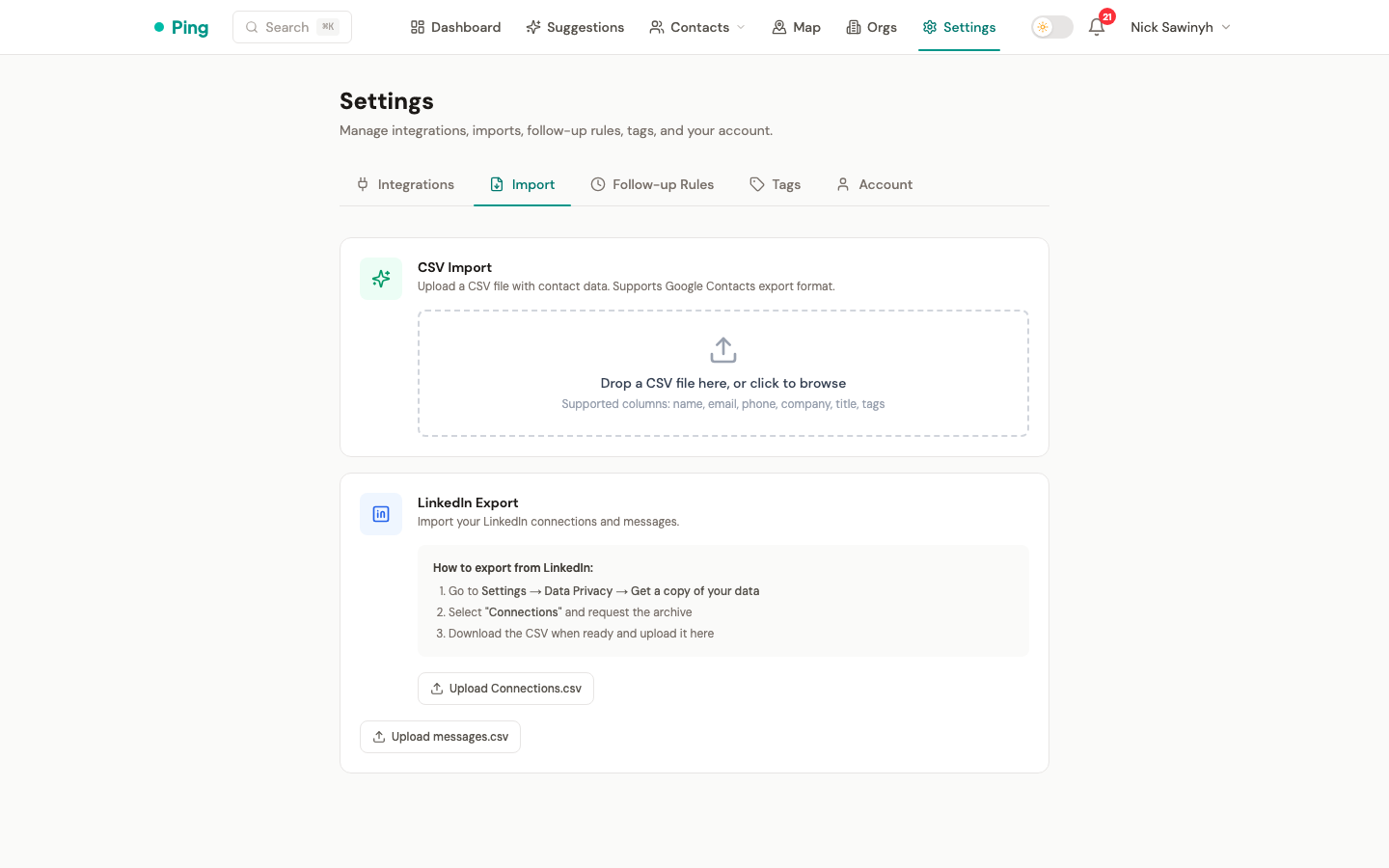 CSV import dropzone