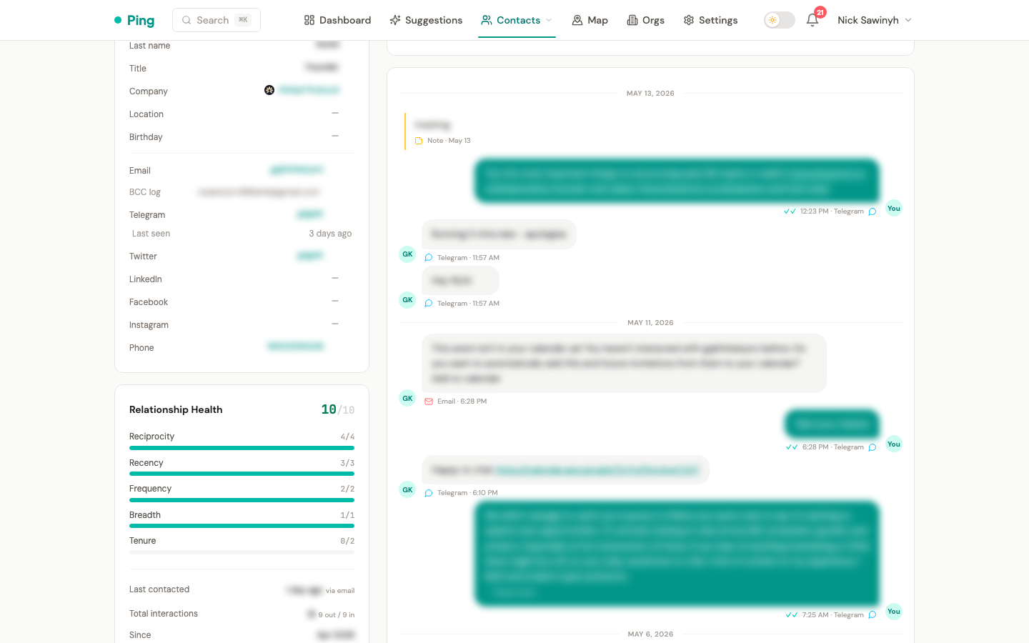 Interaction timeline showing messages across platforms