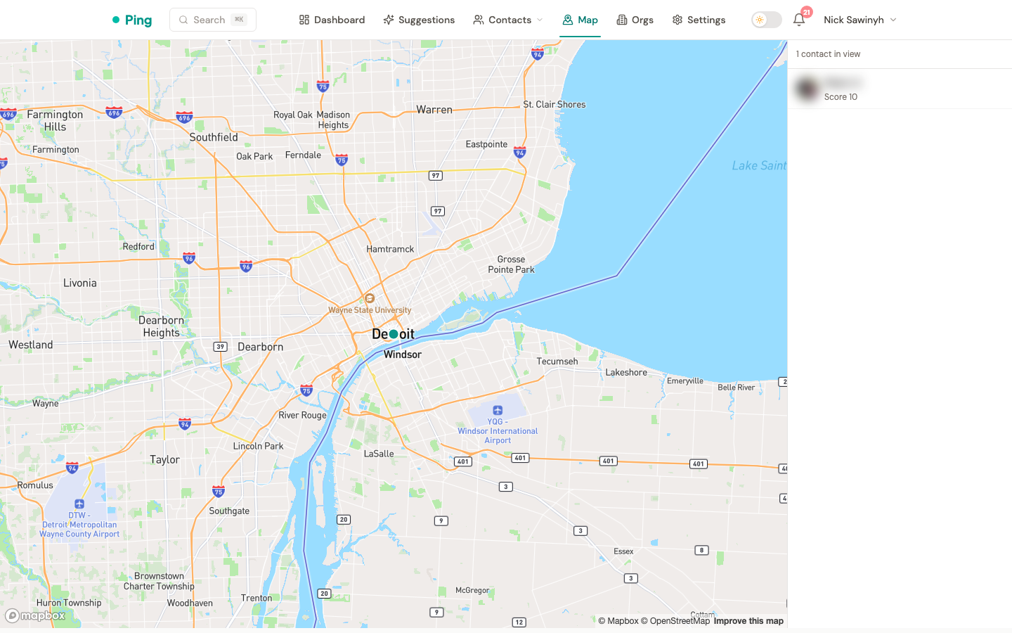 Map focused on a single contact