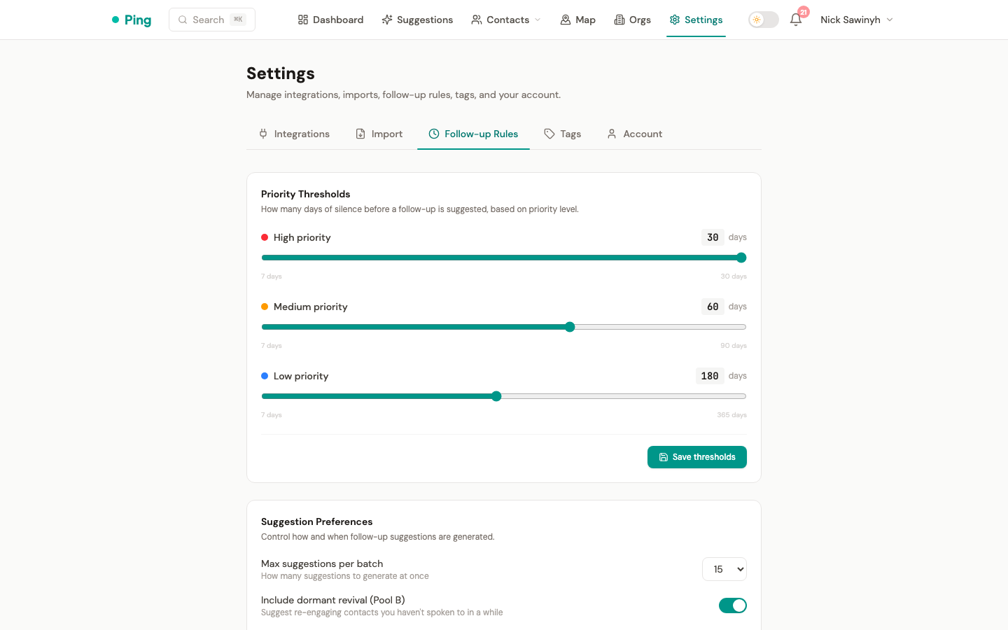 Follow-up interval settings per priority level
