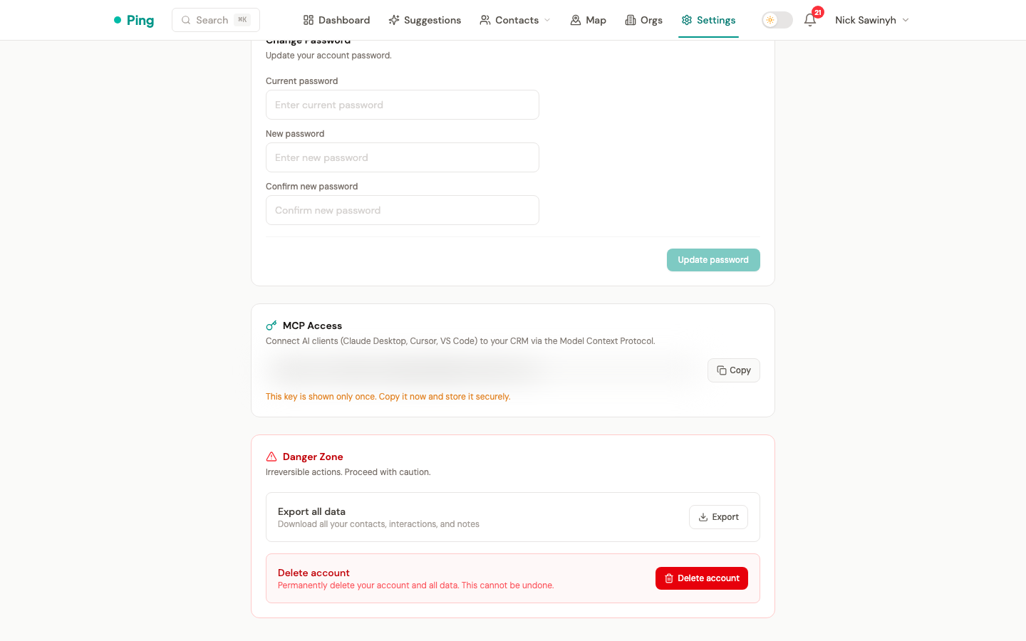 Generated API key modal — shown once, copy immediately