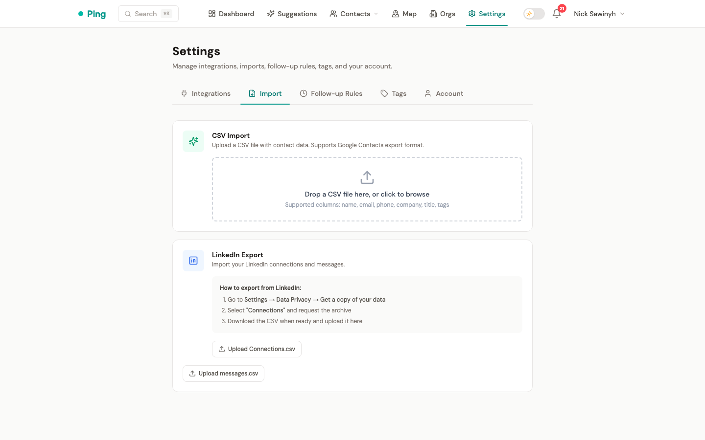 CSV import modal