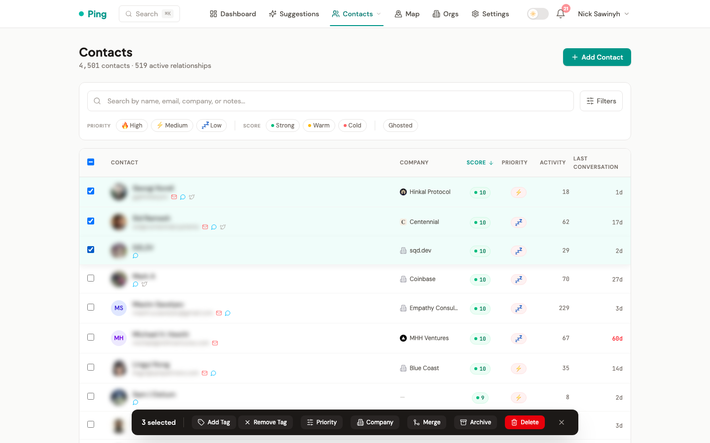 Bulk actions toolbar with three contacts selected