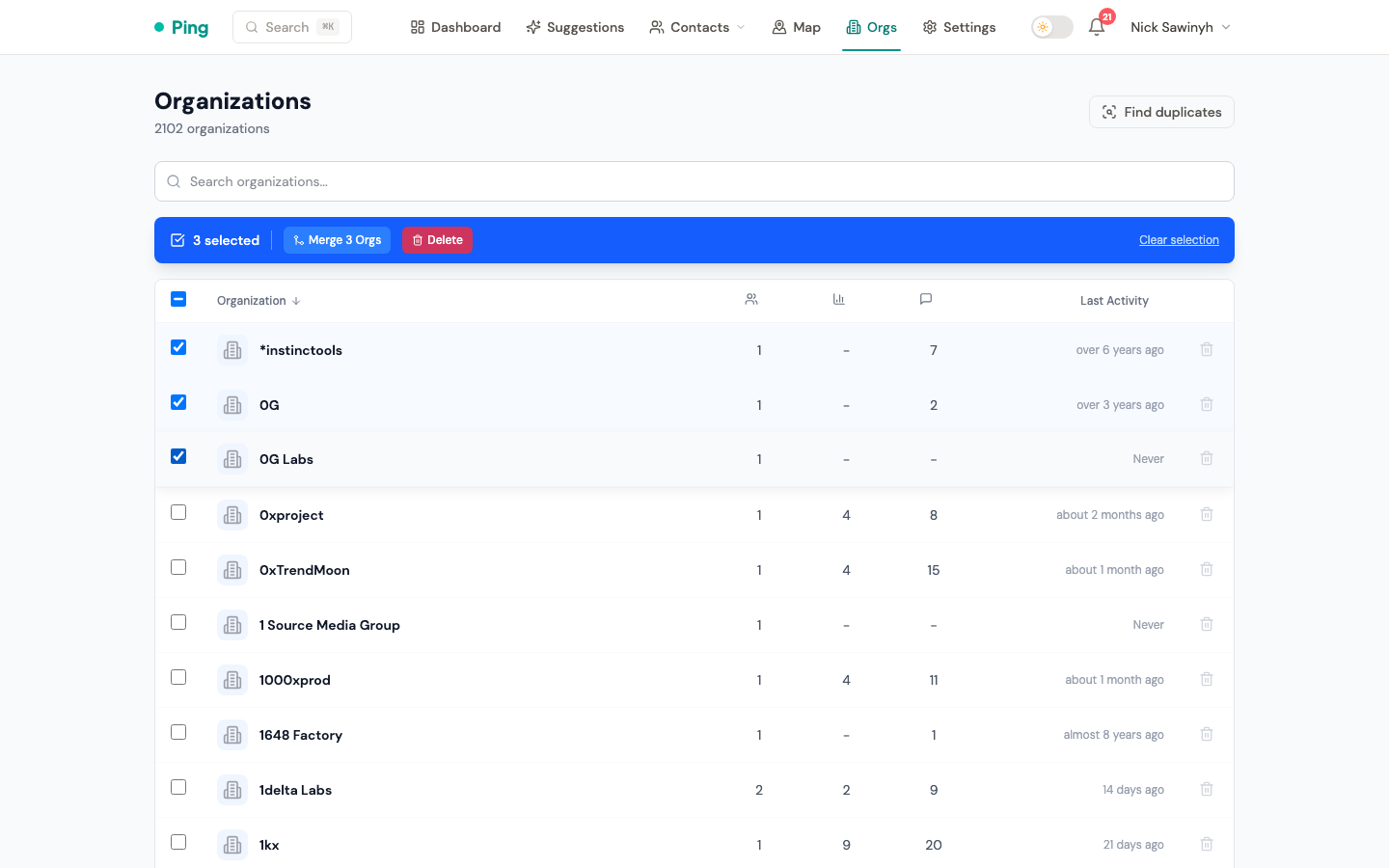 Selecting multiple organizations for merge