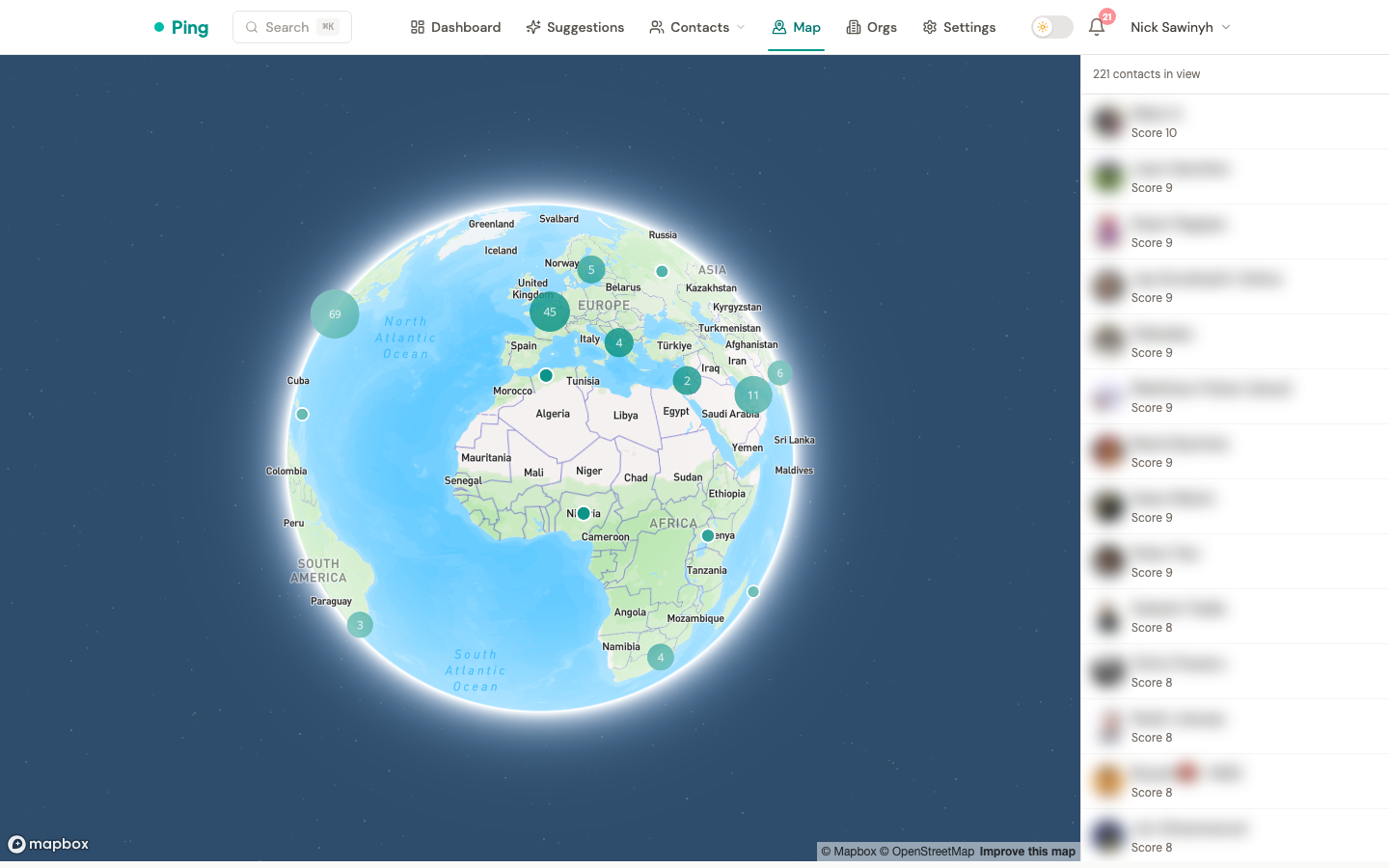 Map view with contacts plotted globally
