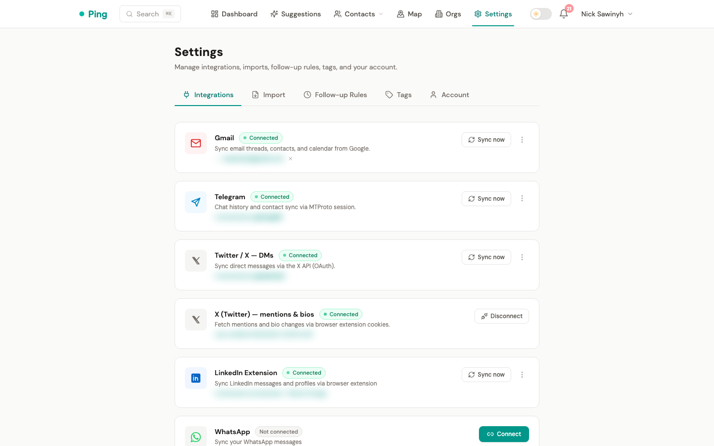 Settings page overview
