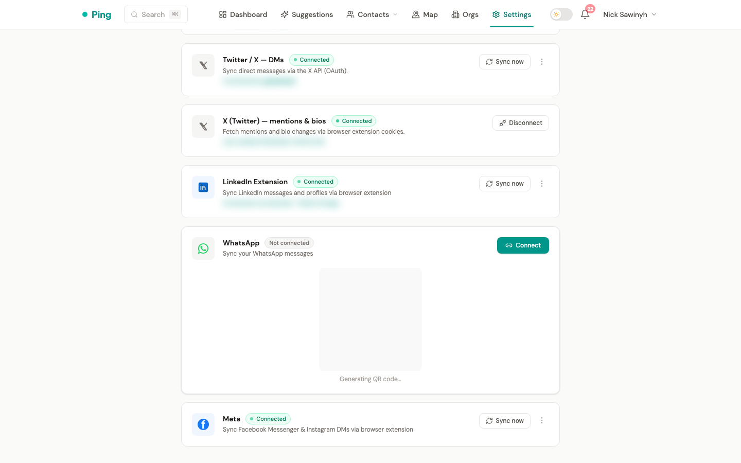 WhatsApp QR code generation in the Connect dialog