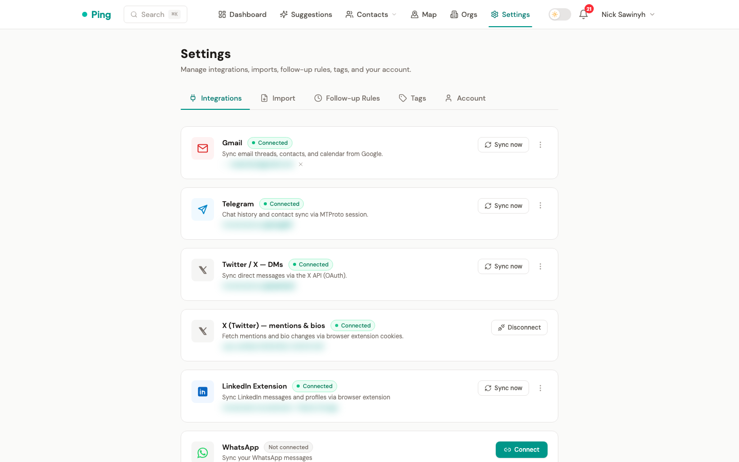 Gmail section in Settings
